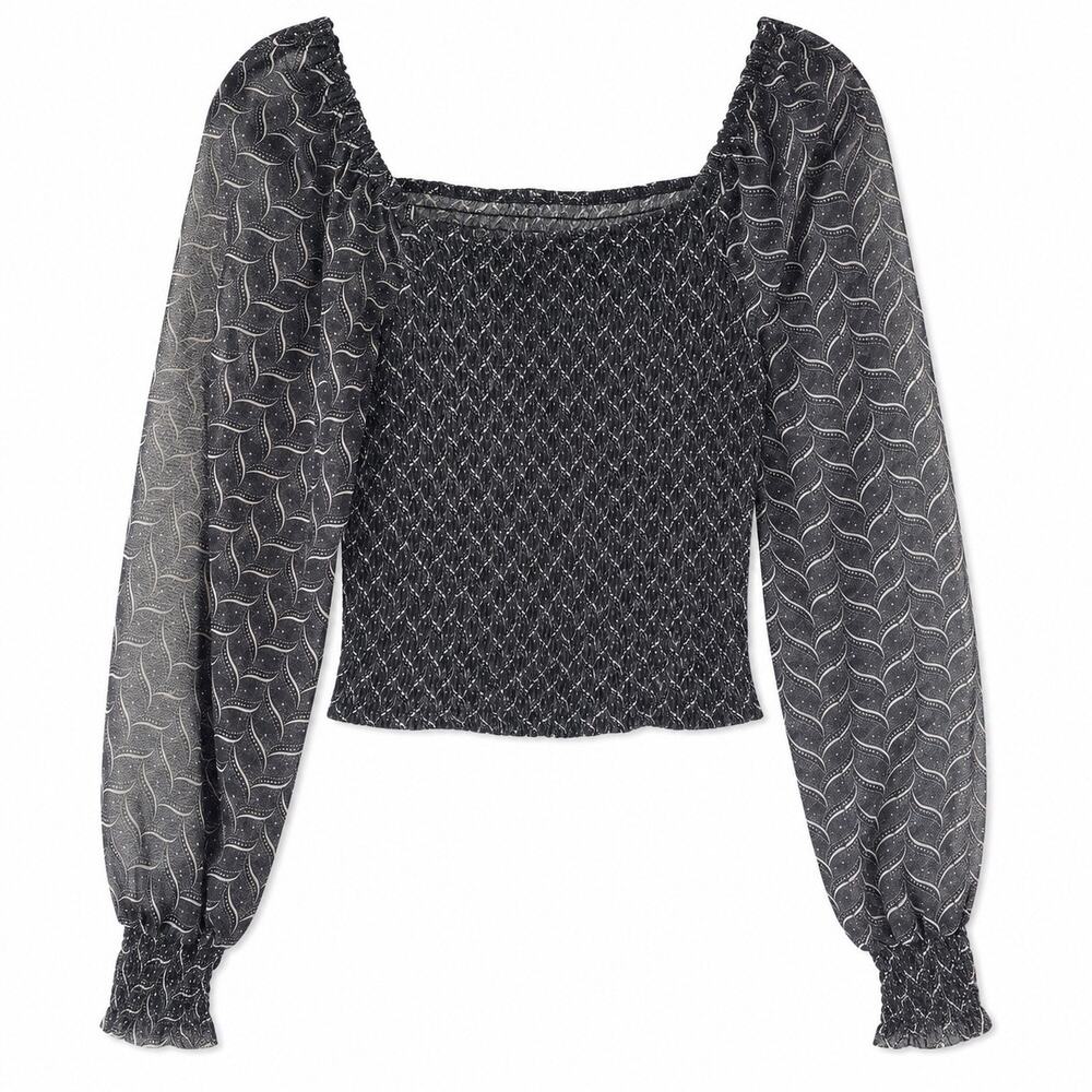 Anthropologie Black Smocked Square Neck Puff Sleeve Whimsygoth XSmall Fairy